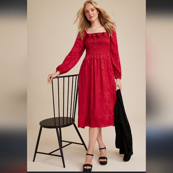 Maurices Dresses & Skirts - Maurices Red Floral Long Sleeve Midi Peasant Dress With Pockets. Size M